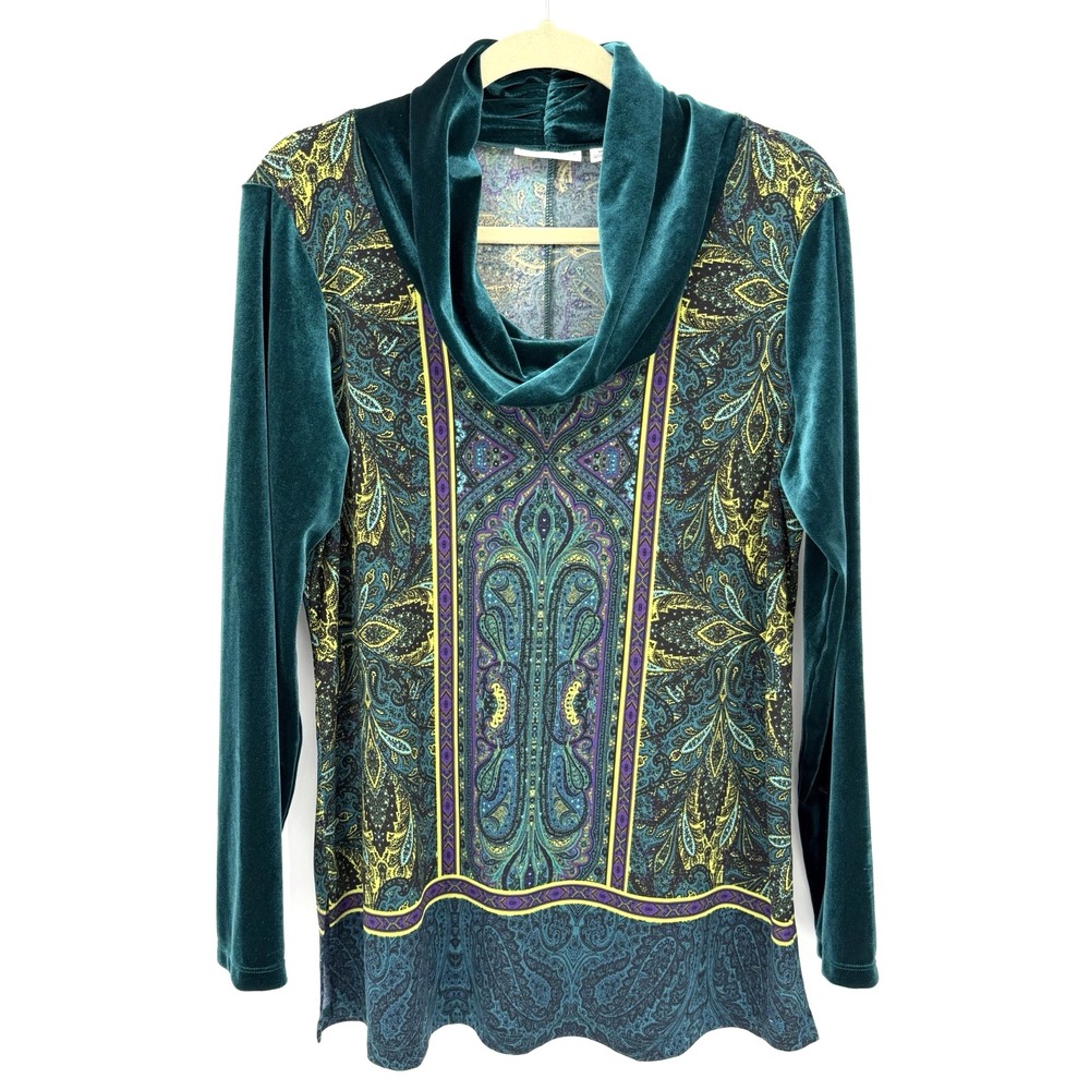 Susan Graver Jewel Green Mosaic Paisley Monk Cowl Neck Tunic Shirt M Gothic Boho